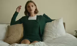a woman sitting on top of a bed with pillows