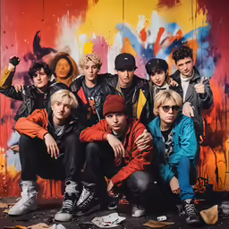 some guys posing for the camera in front of a wall