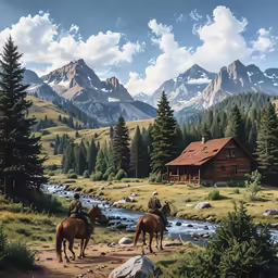 a painting of horses and riders by a river