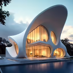 an unusual, curved structure stands on the side of a pool