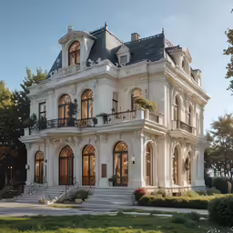 a white european style home sitting on top of a green lawn