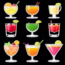 various drinks are shown in glasses with drinks,a black back ground of various glasses filled with alcohol