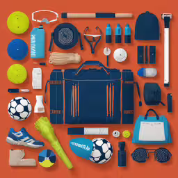 an orange surface is decorated with many different objects,an assortment of sports items displayed on an orange surface