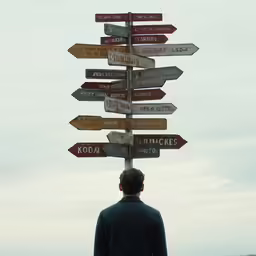 a man standing in front of a sign post