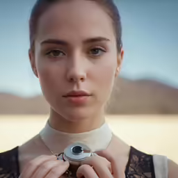 a young woman wearing a choker holding an object up to her face