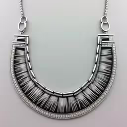 a necklace with a long black and white stripe pattern,a black and white necklace on a chain,an ornate silver necklace with crystal stones,a necklace with black and white details on a chain,black and white necklace with diamonds on a chain