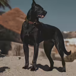 a black dog is posing for a photo on the beach