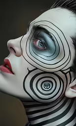 a woman with her face painted with black lines and red lipstick