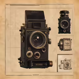 vintage looking antique photograph of a camera and some other items