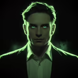 a young man in a black suit and a green glow is in the dark