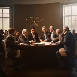 men in business attire sit around a table