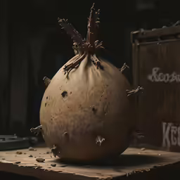 an onion sitting on top of a wooden shelf