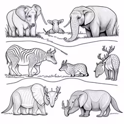several elephants, zebras and rhinos in the wild
