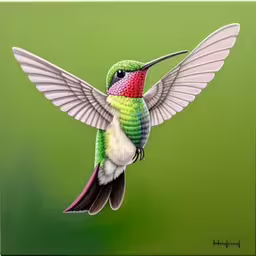 a colorful bird with white wings flapping in the air,a hummingbird flying with its wings spread open