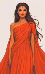 a drawing of a young woman in a red dress