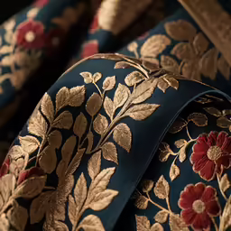 several gold and red flowers on a dark blue satin material