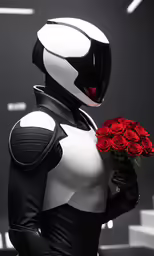an animated character with flowers and leather clothes