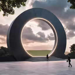 a giant metal sculpture near the road in a field