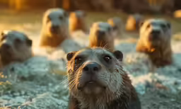 some large furry bears in the water and snow