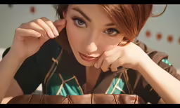 the woman is sitting in a chair and looking at the camera