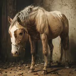 the horse is standing and has its head tilted