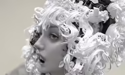there is a woman with her head made out of ribbons