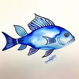the image shows the fish that appear to be painted,a blue fish is shown on white paper,a small blue fish with white stripe around it