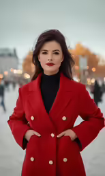 a woman in a red coat with her hands on her hips