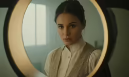 woman with ring around her neck looking at mirror
