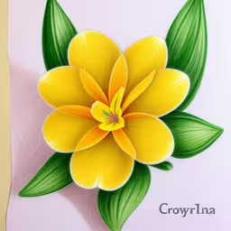 a drawing of a yellow flower on a white paper,a card with the words crayonna and a flower with leaves on it