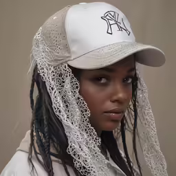 a beautiful woman wearing a hat with black hair