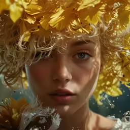 a beautiful blond woman with lots of yellow flowers