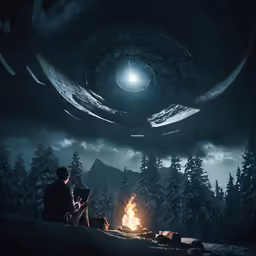 a man and woman sitting around a campfire at night