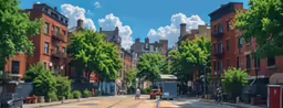 a street scene of old buildings and some people on a horse and buggy
