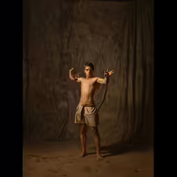 a boy in shorts standing on a sand floor