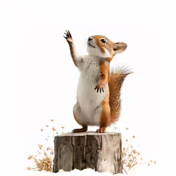 a red squirrel standing on top of a stump
