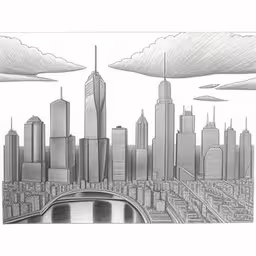 a city skyline drawing is shown with clouds,a pencil drawing of cityscape with clouds over the top