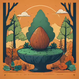 a digital image of a potted plant in the foreground,an abstract art nouveau print in a park with a tree and fountain