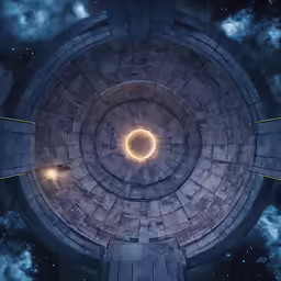 the inside of a round concrete structure with light beams