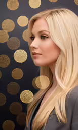 a blonde haired woman standing in front of a golden background