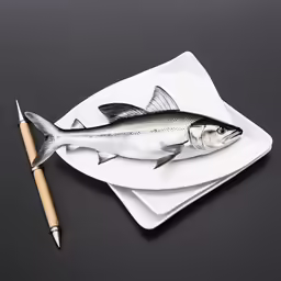 a fish on some plates with a pencil