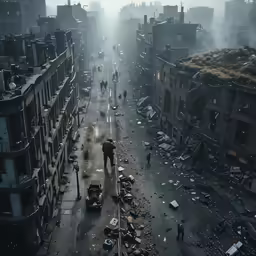 an aerial view of a cityscape with lots of debris