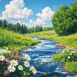 a painting of a beautiful river with white and pink flowers near the water