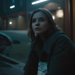 young woman in a jacket sitting outside a building at night
