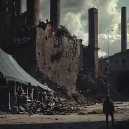 a man standing near some ruins under a cloudy sky