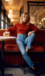 a woman sitting at a table with a drink