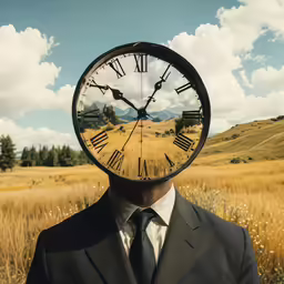 a man wearing a suit with a clock on the face of him