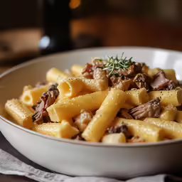 there is pasta and meat in a white bowl
