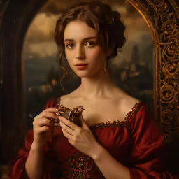 a beautiful lady holding a jewel box by a painting