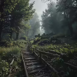foggy forest with wooden path leading through